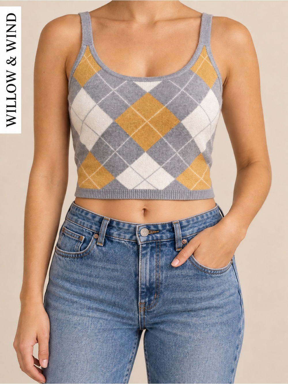 Willow & Wind Argyle Knit Cropped Tank Top Size S